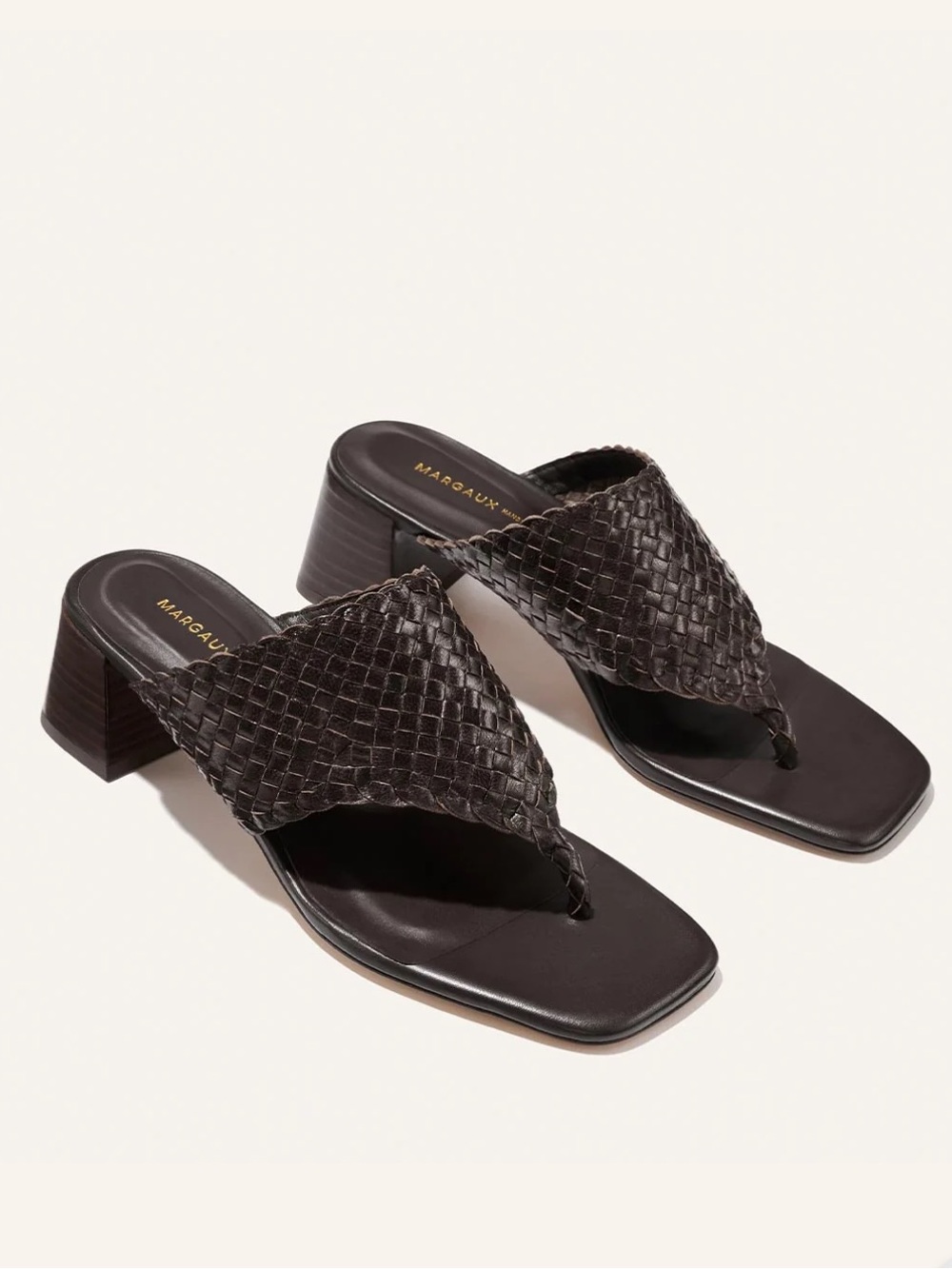 Margaux Deia Woven Leather Block Heel Sandal Espresso Brown 37.5 M